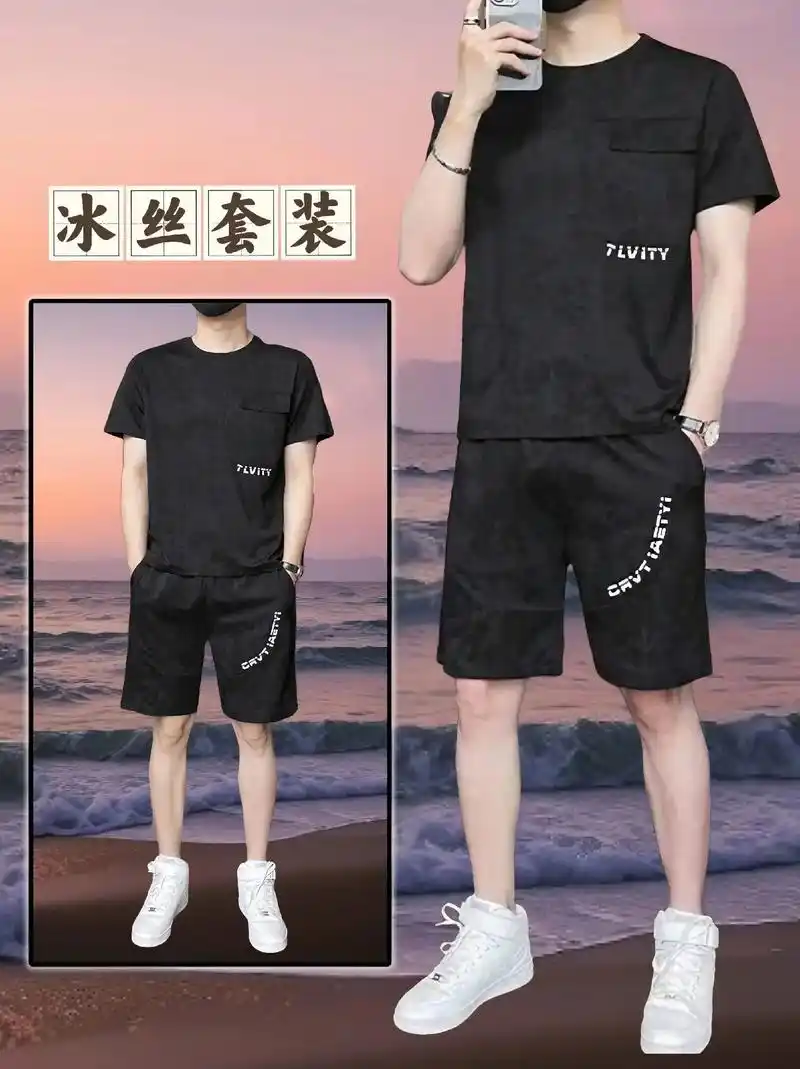 男士休闲运动套装.夏季潮流t恤圆领短袖短裤两件套,面料凉爽舒适