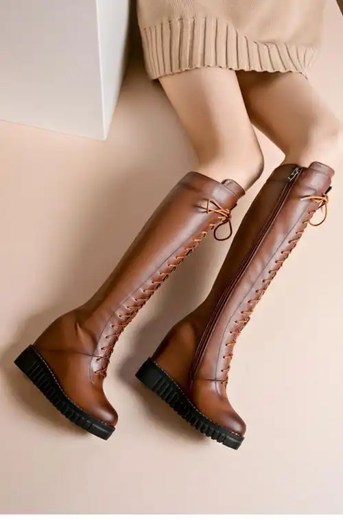 女坡跟内增高真眞皮长筒靴厚底长靴棕色高筒靴8cm侧拉链冬加绒黑色绒