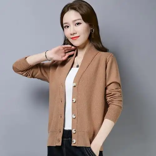 春秋款外搭针织v领开衫纯色休闲长袖外套毛衣女装显瘦针织衫短款