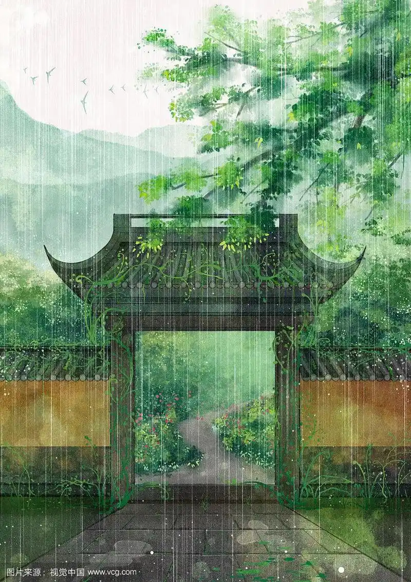 唯美水彩古风场景夏天雨景