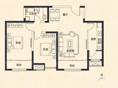 天物郁江溪岸b户型:2室2厅1卫