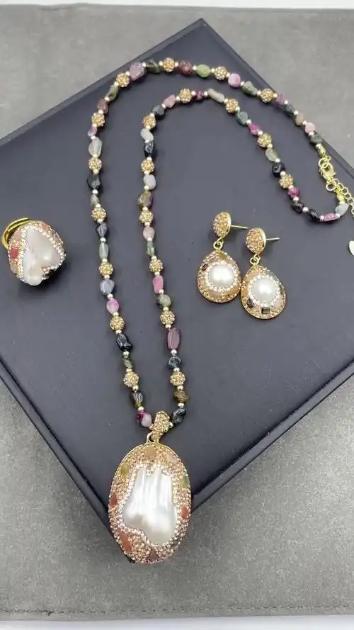 巴洛克珍珠碧玺套装 天然淡水异形珍珠毛衣链 高档手工镶嵌三件套