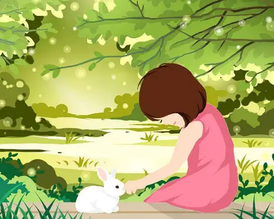 小女孩与兔子插画psd素材