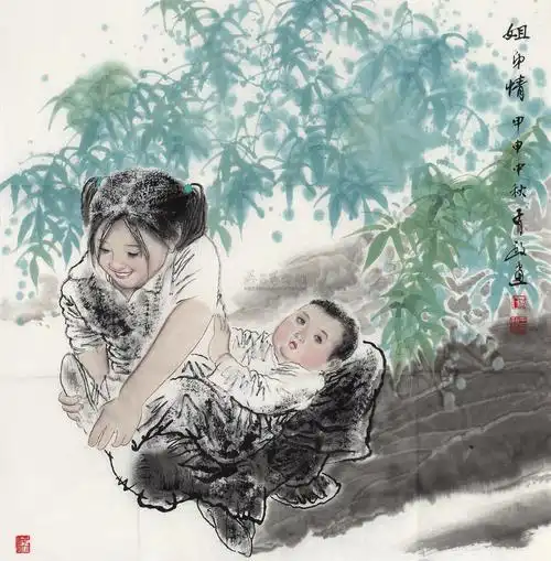 0212姐弟情镜心设色纸本