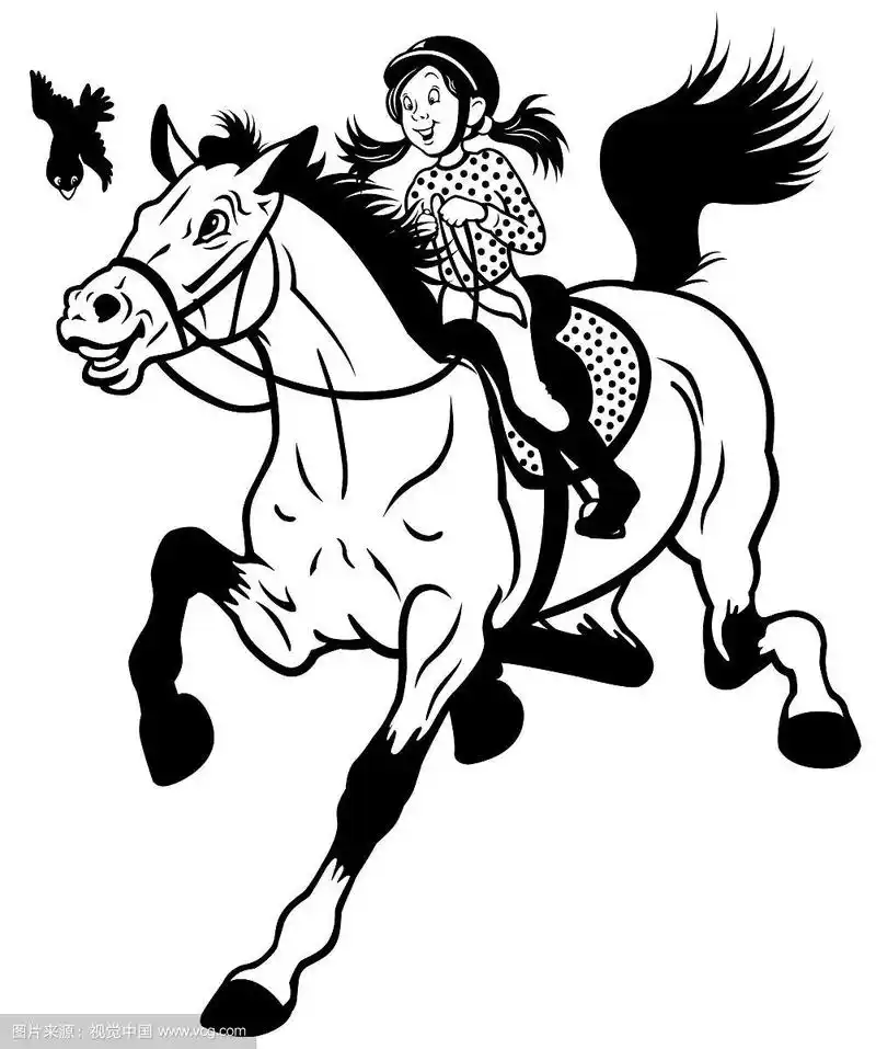 卡通女孩骑着黑白色的马