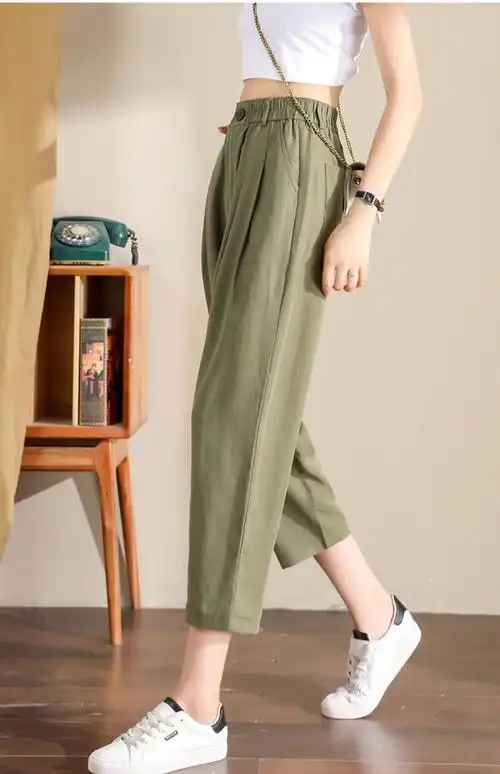 哈伦裤女夏季薄款宽松女裤棉麻九分裤高腰亚麻休闲裤小个子裤子 - 17