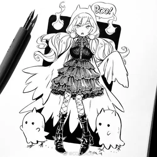 神仙画师微博转载二次元人物黑白动漫素材插画绘画线稿手绘女生男生