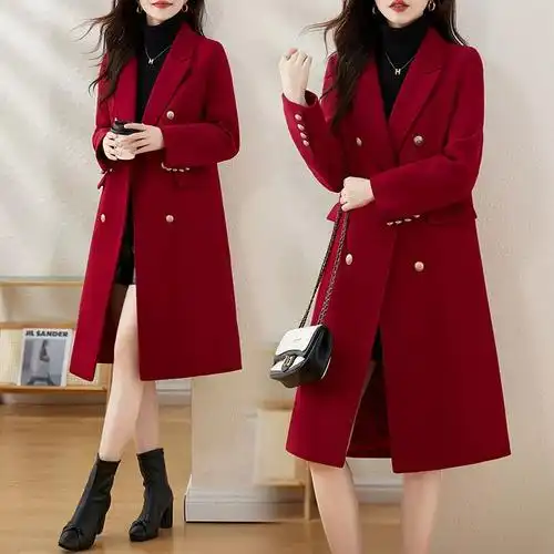 英伦风西装冬季领高级感呢外套新款红色高端毛呢大衣女中长款