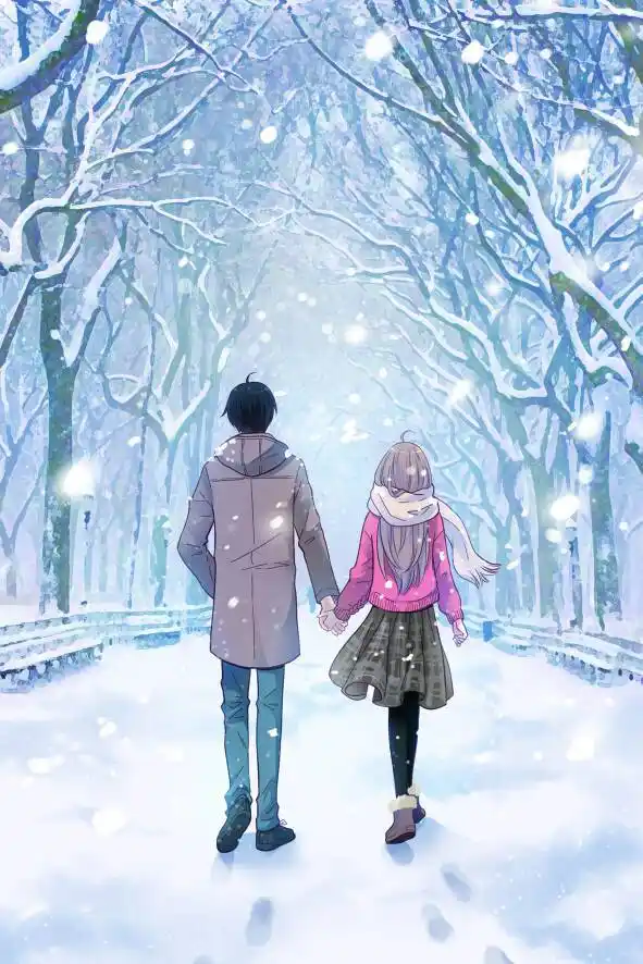 求一张动漫背影牵手图 一男一女 在夕阳雪后的林间小道上走 四周都是