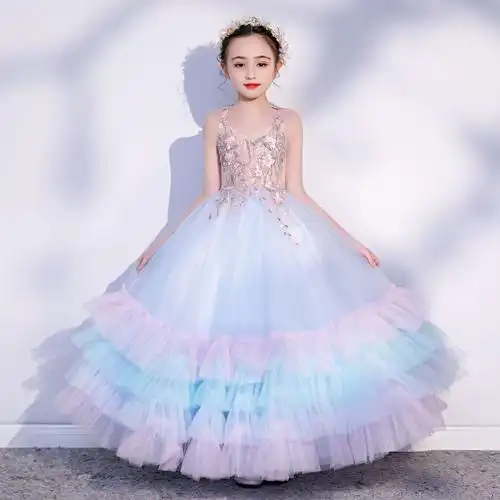 女童系带洋气公主裙蓬蓬裙主持人生日晚礼服儿童钢琴走秀演出服夏