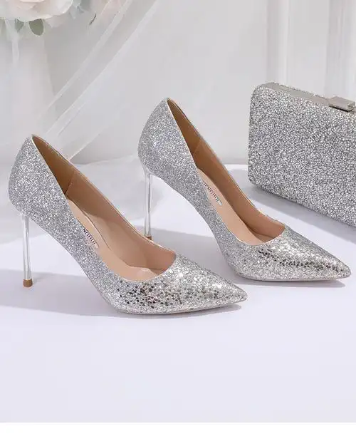 宴会婚鞋女2019新款亮片超高跟鞋女细跟浅口银色单鞋伴娘新娘 气质纯