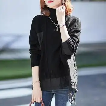 宽松大码拼接半高领常规保暖女神范毛衣夹棉外套女装打底衫春秋黑色m