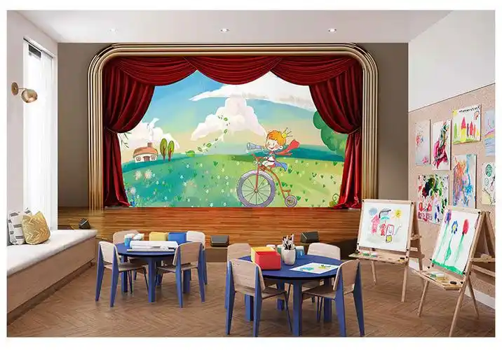 幼儿园舞台彩虹壁纸卡通欢乐剧场儿童口才班演讲艺术表演背景墙纸