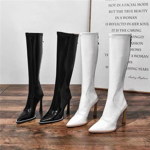2020秋冬新白色长靴女不过膝尖头漆皮骑士靴中筒超高跟细跟高筒靴