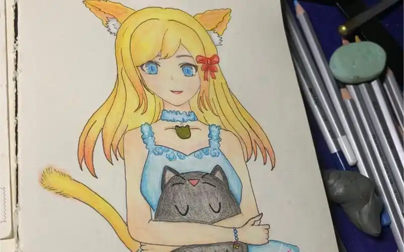 彩铅手绘上色猫猫女