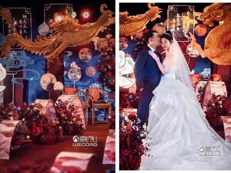 中西不同元素相融合的红蓝色系新中式婚礼