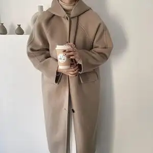 清潭洞九号 22秋冬新款 沙茶色高及连帽 双面羊绒大衣女 羊毛外套