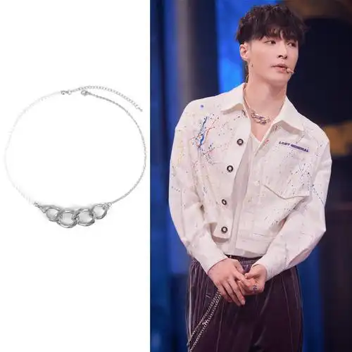 张艺兴同款4圈珍珠项链钛钢不褪色潮酷个性拼接项链