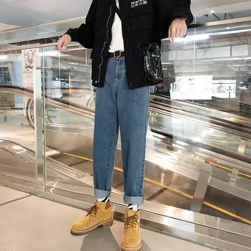 newlake牛仔裤男潮牌宽松直筒韩版潮流男裤网红裤子配马丁靴春秋九分