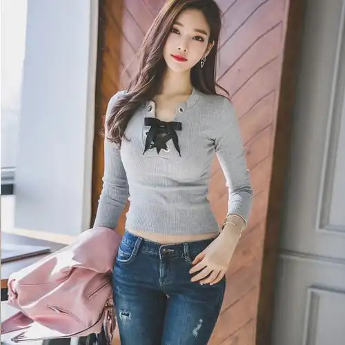 绑带上衣女长袖紧身