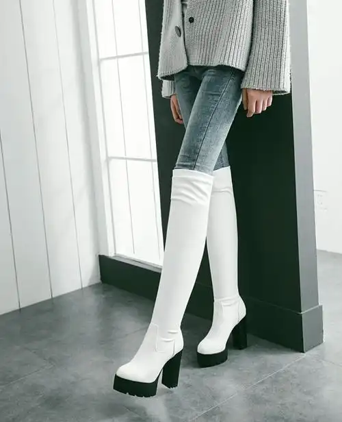 白色靴子粗跟高跟过膝长靴长筒弹力瘦靴防水时装靴