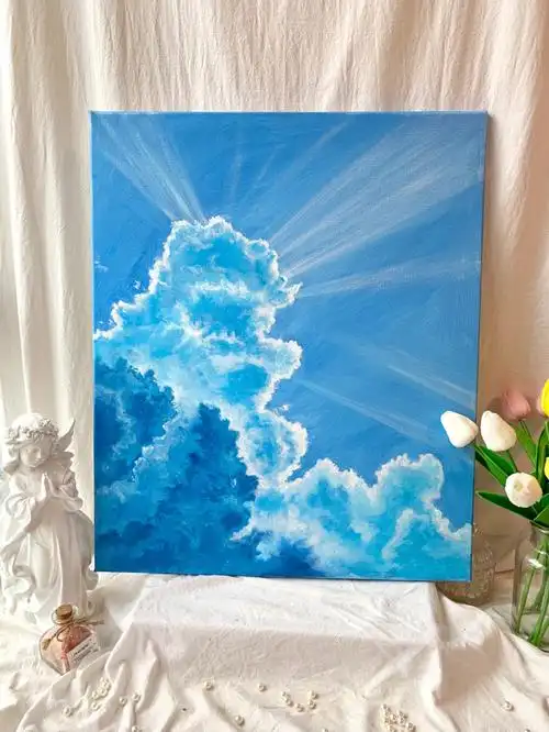 50*60材料:油画框,丙烯颜料颜色:天蓝 钴蓝 群青 普兰 白色 大红有