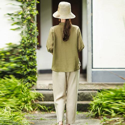 时尚女装休闲洋气中年妈妈棉麻两件套高端2024夏季绿色纯苎麻套装