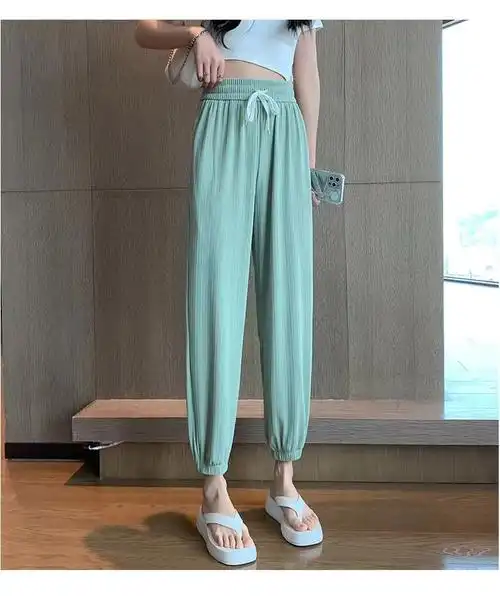 原版质量#冰丝裤子女夏季薄款灰色休闲运动裤显瘦夏天束脚灯笼裤 - 17