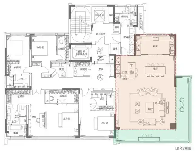 建面约350㎡的大平层户型,其中最引人关注就是这个尺度超阔绰的边厅