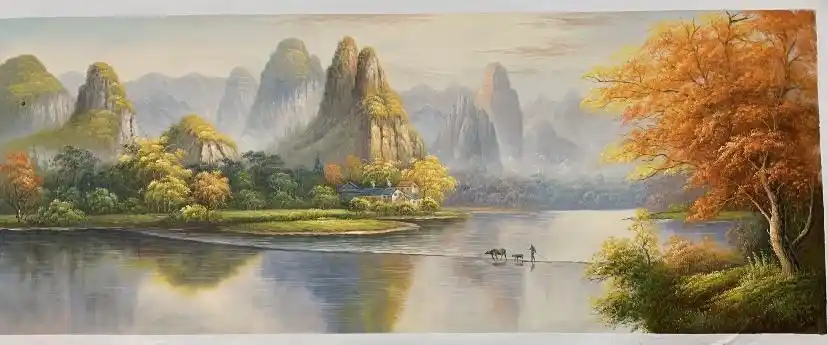 任退,手工油画风景画《桂林山水》,尺寸:70-18
