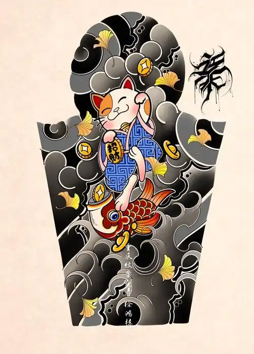 招财猫七分袖原创手稿纹身图片手臂老传统纹身图案