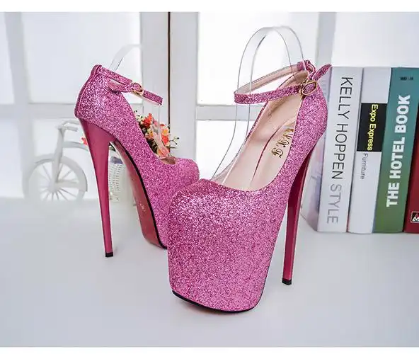 产品展示详细图像粉色闪光优雅玛丽简厚底高跟鞋,带踝带超高细高跟鞋