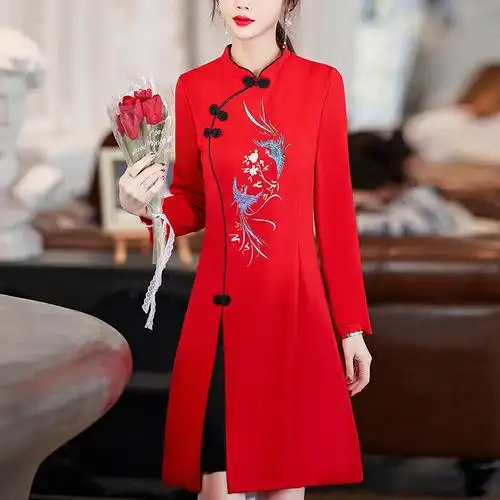 大码唐装中国风2022春新款喜庆改良旗袍连衣裙本命年红色女装时尚