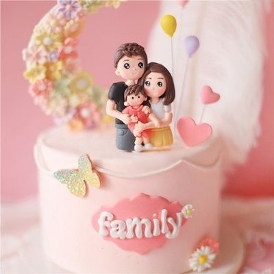 一家人生日一家三口蛋糕摆件软陶蛋糕装饰插件插牌卡通可爱温馨