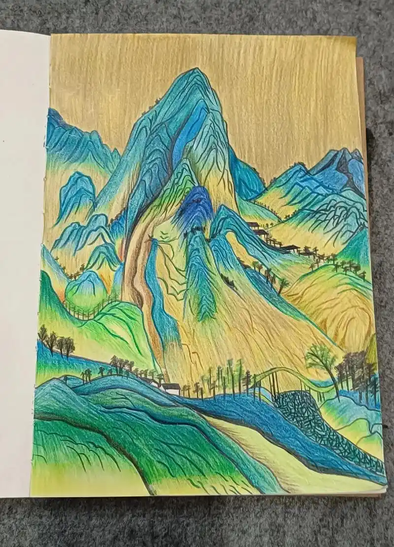 彩铅版本的青绿山水[玫瑰] 感觉是越画越浮躁[捂脸] - 抖音