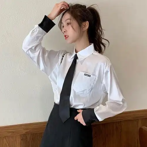 白色衬衫女带领带韩版设计感小众帅气日系学院风学生黑色领带衬衣