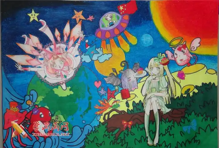 初中一年级一等奖科幻画《和谐的世界》_学画画网
