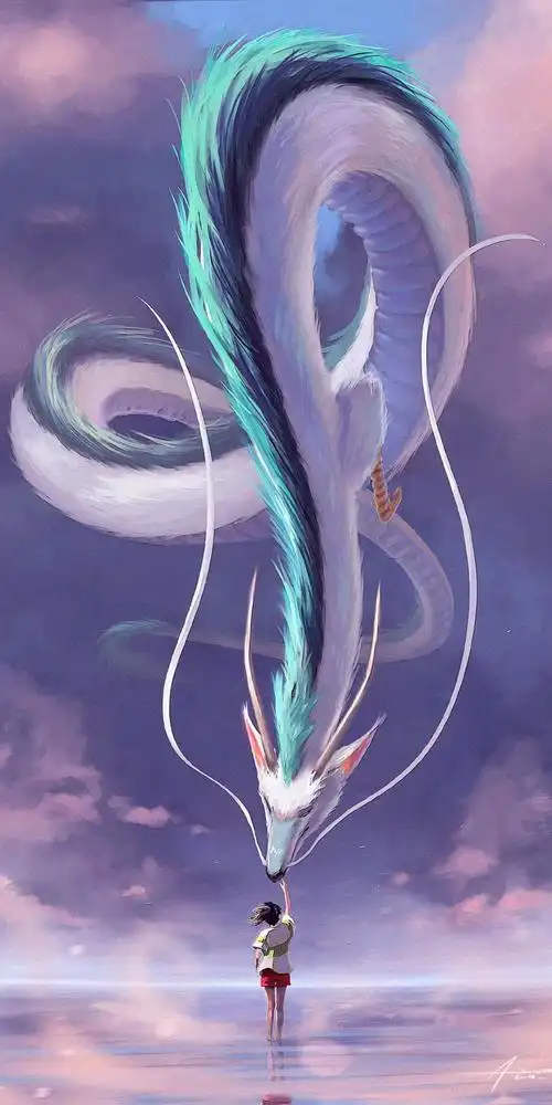 动漫小女孩触摸白龙的胡须的,高清图片,手机壁纸