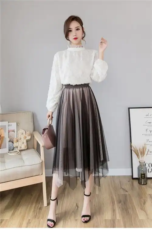 纱纱裙春夏超仙的撞色中长款a字蓬蓬半身裙纱纱裙森系ins网纱裙灰粉色