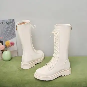 女童马丁靴2021新款春季儿童长靴高筒单靴子加绒pu聚氨酯靴白色单里26