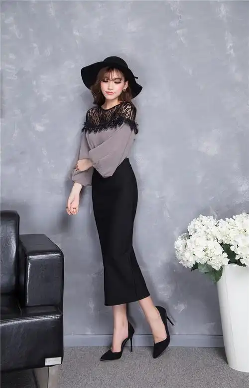 新款女高腰半身裙开叉一步裙显瘦中长款铅笔裙轻奢高档品牌女装黑色l