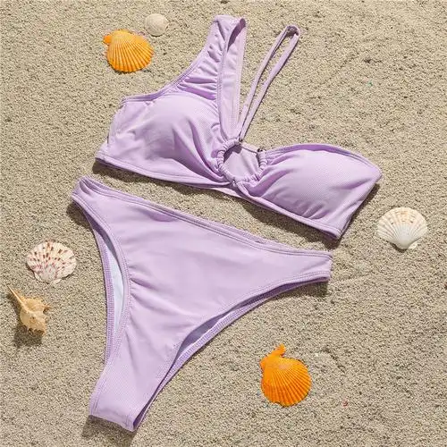 欧美外贸螺纹比基尼性感三角分体泳衣女神范纯色比基尼