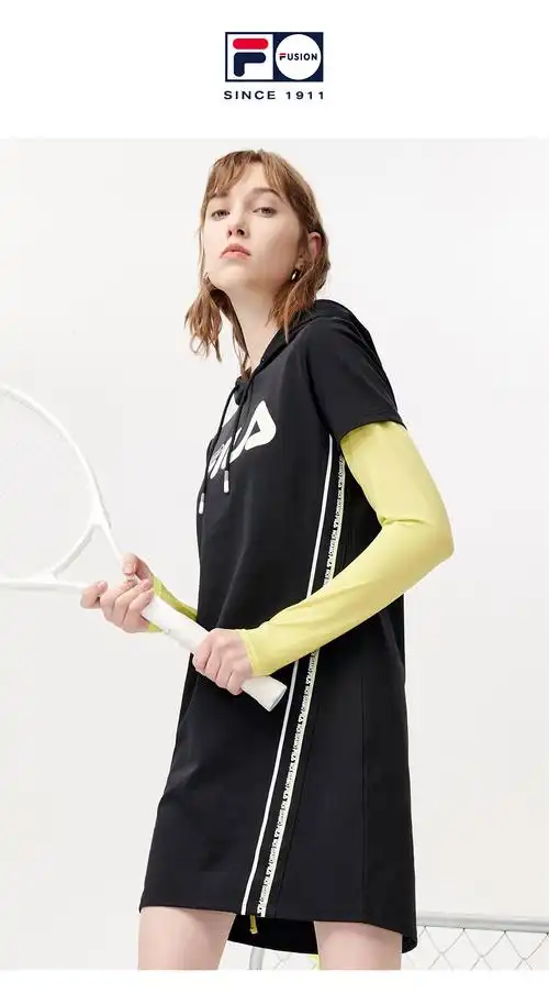 filafusion斐乐潮牌女装连衣裙2021夏季新款中长款连帽衫卫衣裙深黑