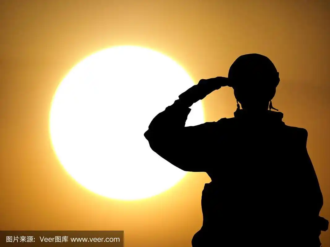 迎着日出敬礼的士兵剪影.概念-日本,韩国,印度尼西亚,泰国的武装力量