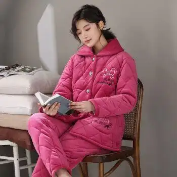 女士睡衣睡衣女士冬季三层加厚法兰绒睡衣套装秋天保暖珊瑚绒夹棉袄