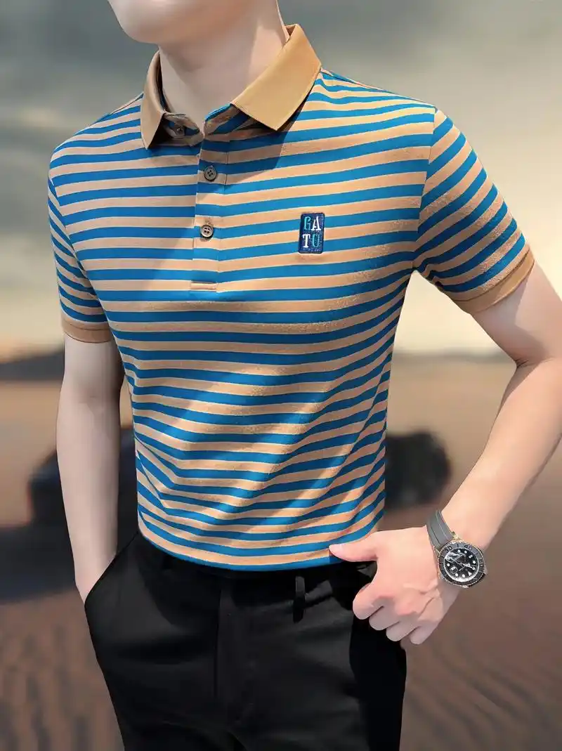 条纹男士短袖polo衫爆款2024新款潮牌男装刺绣翻领轻奢男式t恤衫