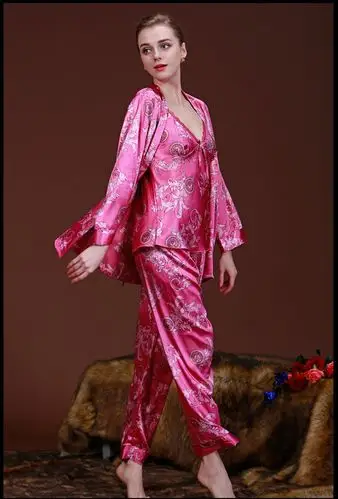 2016耀婷高雅春秋季新款 仿真丝气质女士睡衣 龙袍印花家居服三件套装