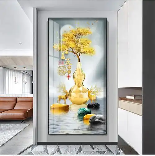 五福临门玄关画五福临门玄关装饰画新中式寓意好竖版楼梯墙壁画客厅