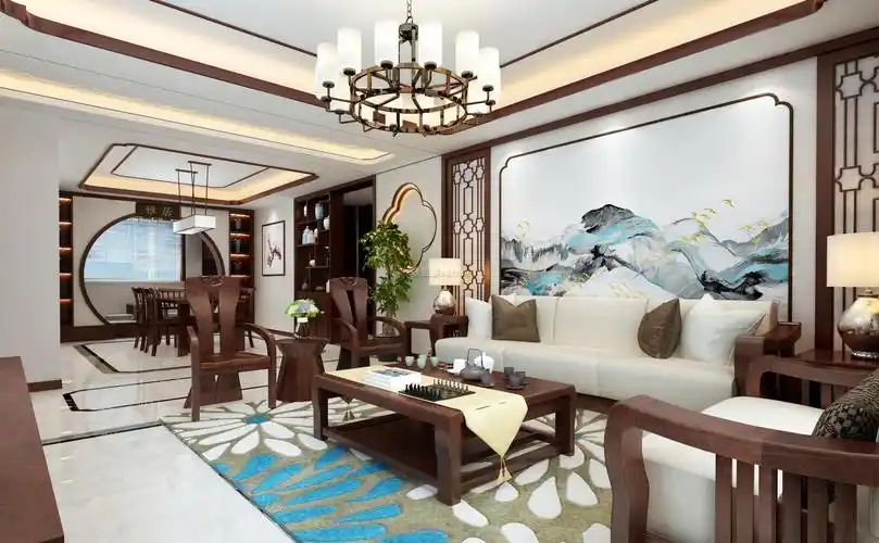 2018新中式风格家庭客厅沙发背景墙装修效果图