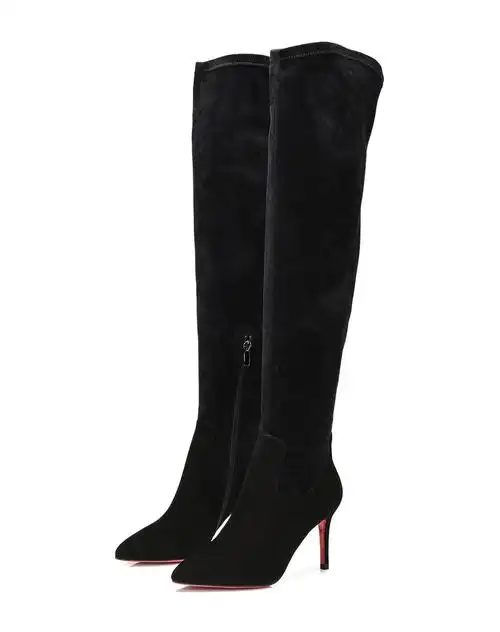 黑色弹力布尖头细高跟长靴